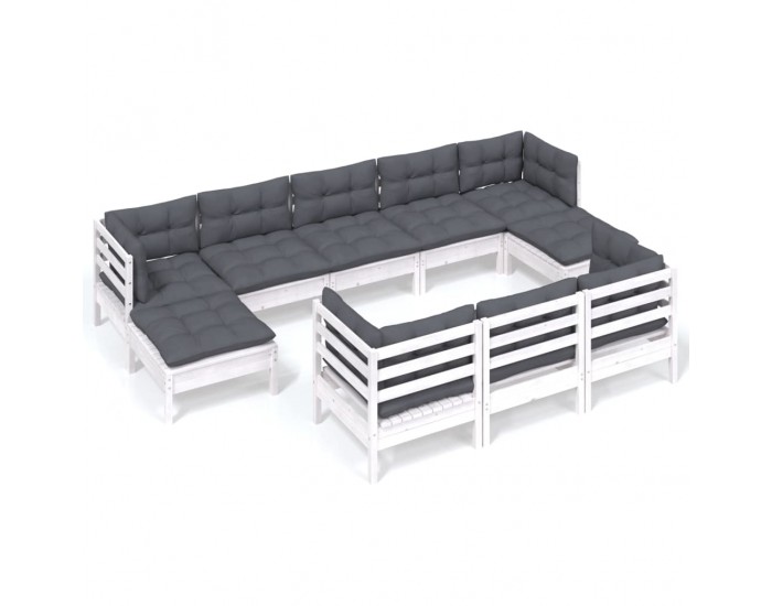 Sonata Set mobilier de grădină cu perne, 10 piese, alb lemn masiv pin