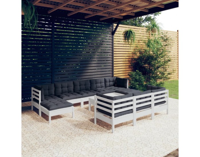Sonata Set mobilier de grădină cu perne, 11 piese, alb lemn masiv pin