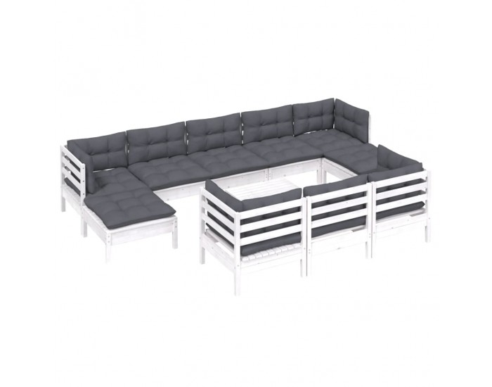 Sonata Set mobilier de grădină cu perne, 11 piese, alb lemn masiv pin