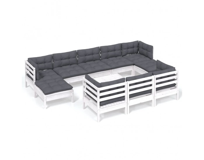 Sonata Set mobilier de grădină cu perne, 11 piese, alb lemn masiv pin