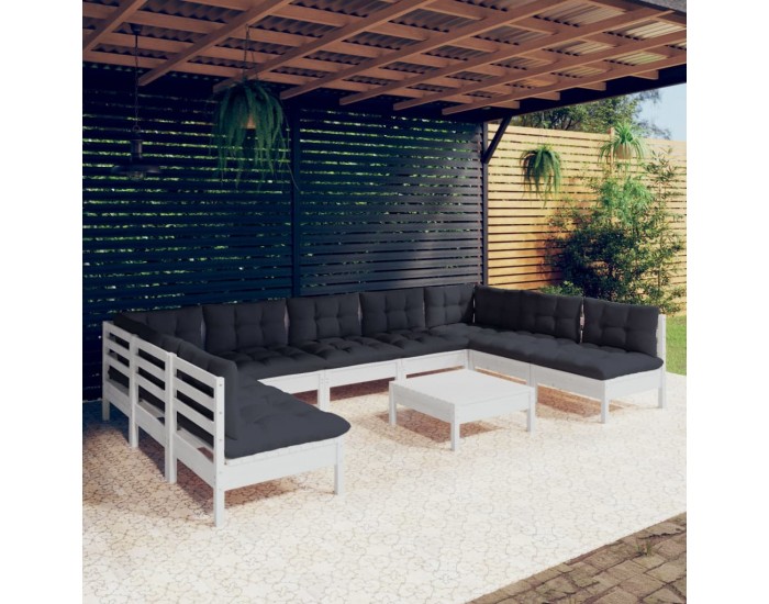 Sonata Set mobilier grădină cu perne, 10 piese, alb, lemn masiv pin