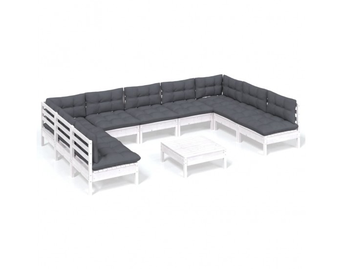 Sonata Set mobilier grădină cu perne, 10 piese, alb, lemn masiv pin