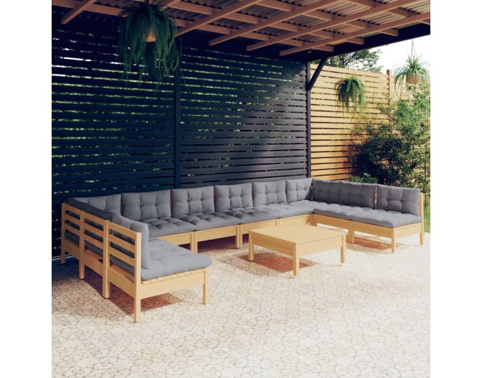 Sonata Set mobilier grădină cu perne, 11 piese, gri, lemn masiv pin