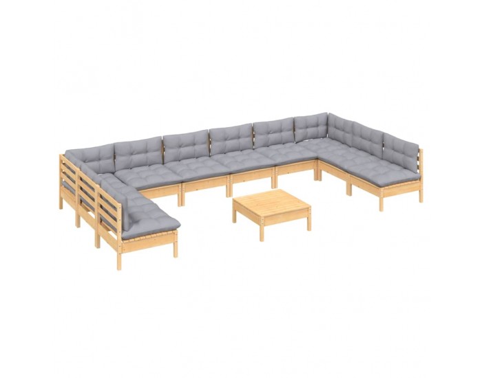 Sonata Set mobilier grădină cu perne, 11 piese, gri, lemn masiv pin