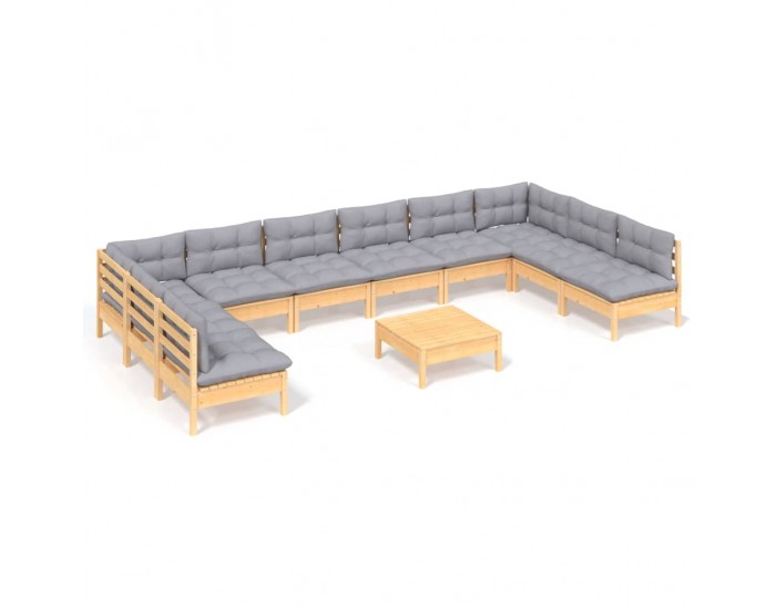 Sonata Set mobilier grădină cu perne, 11 piese, gri, lemn masiv pin
