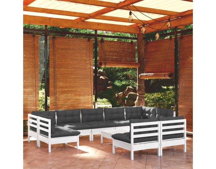 Sonata Set mobilier grădină cu perne, 10 piese, alb, lemn masiv pin