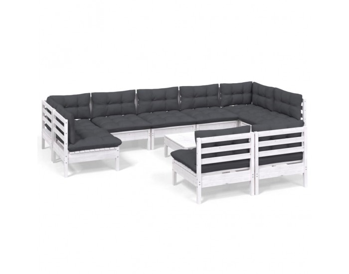 Sonata Set mobilier grădină cu perne, 10 piese, alb, lemn masiv pin