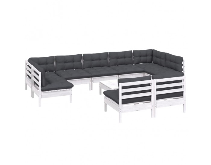 Sonata Set mobilier grădină cu perne, 10 piese, alb, lemn masiv pin
