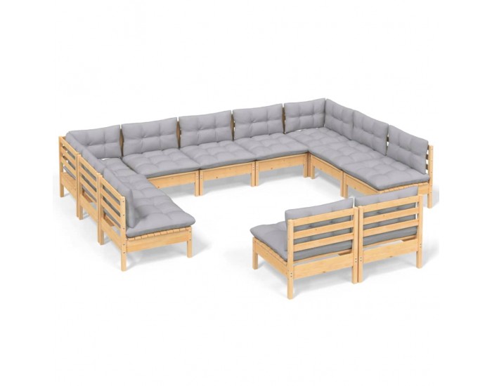 Sonata Set mobilier grădină cu perne, 11 piese, gri, lemn masiv pin