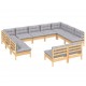 Sonata Set mobilier grădină cu perne, 11 piese, gri, lemn masiv pin