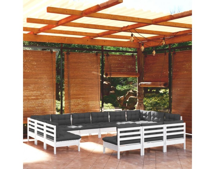 Sonata Set mobilier de grădină cu perne, 13 piese, alb, lemn masiv pin