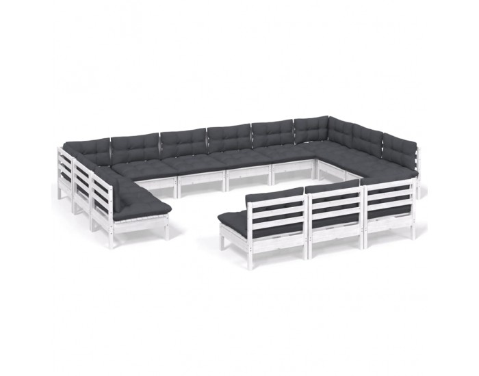 Sonata Set mobilier de grădină cu perne, 13 piese, alb, lemn masiv pin