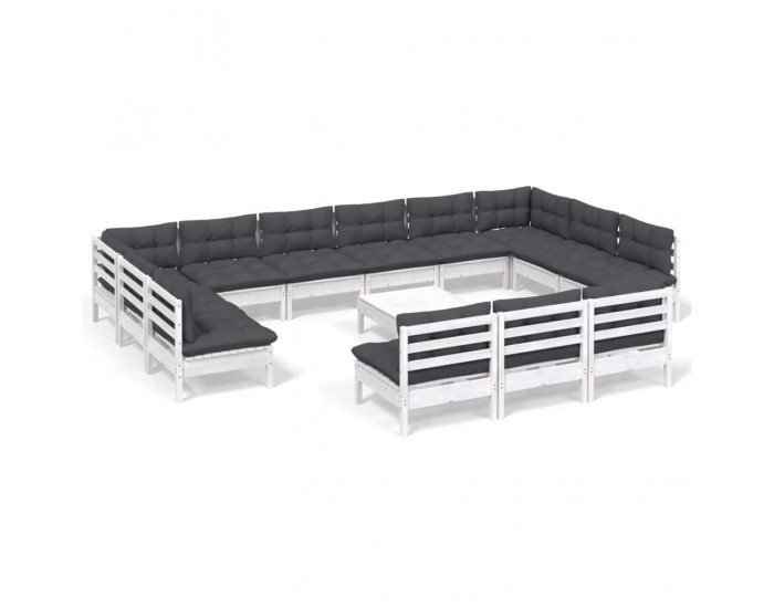 Sonata Set mobilier grădină cu perne, 14 piese, alb, lemn masiv pin
