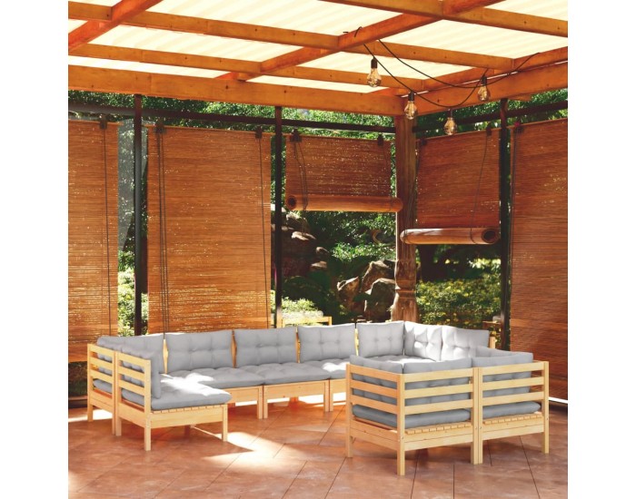 Sonata Set mobilier de grădină cu perne gri, 9 piese, lemn masiv pin