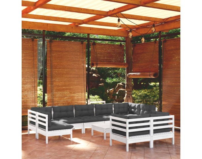 Sonata Set mobilier grădină cu perne, 10 piese, alb, lemn masiv pin
