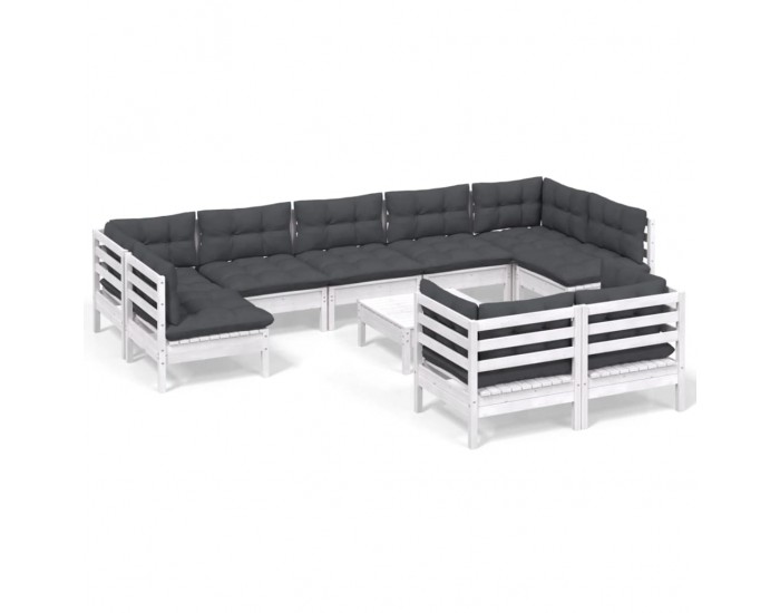 Sonata Set mobilier grădină cu perne, 10 piese, alb, lemn masiv pin