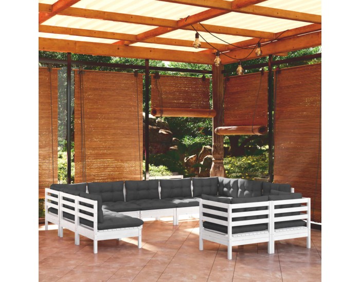 Sonata Set mobilier grădină cu perne, 11 piese, alb, lemn masiv de pin
