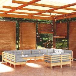 Sonata Set mobilier grădină cu perne, 12 piese, gri, lemn masiv pin