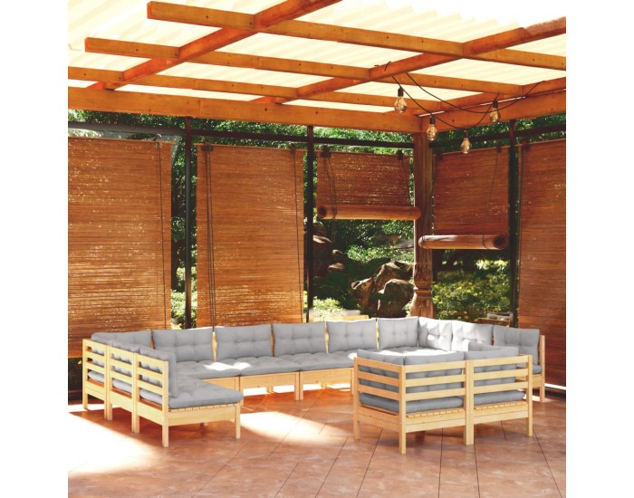 Sonata Set mobilier grădină cu perne, 12 piese, gri, lemn masiv pin