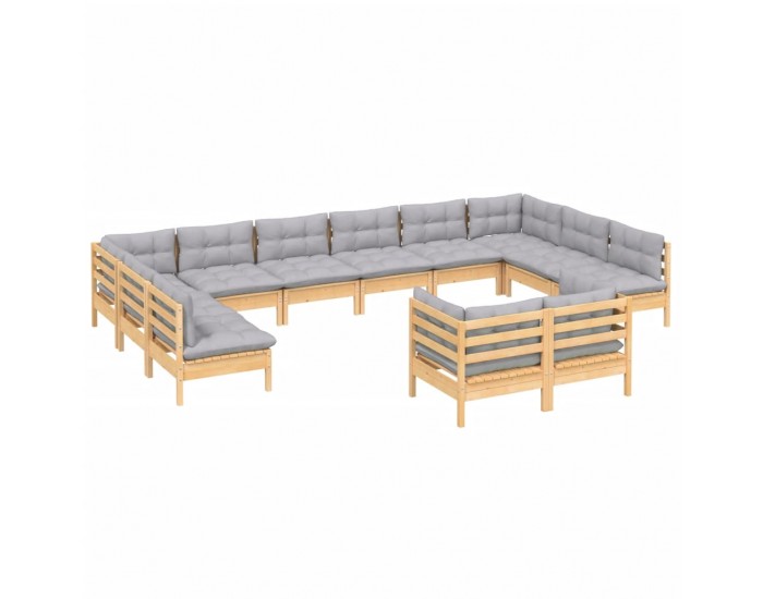 Sonata Set mobilier grădină cu perne, 12 piese, gri, lemn masiv pin