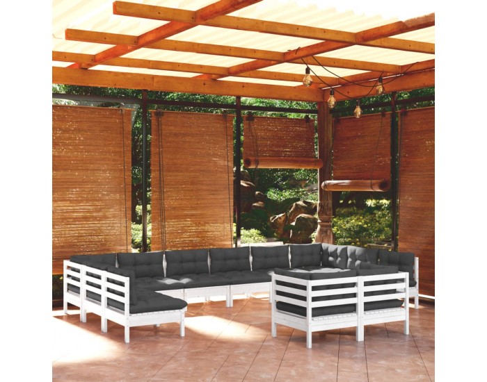 Sonata Set mobilier grădină cu perne, 12 piese, alb, lemn masiv pin