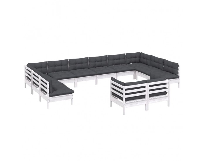 Sonata Set mobilier grădină cu perne, 12 piese, alb, lemn masiv pin