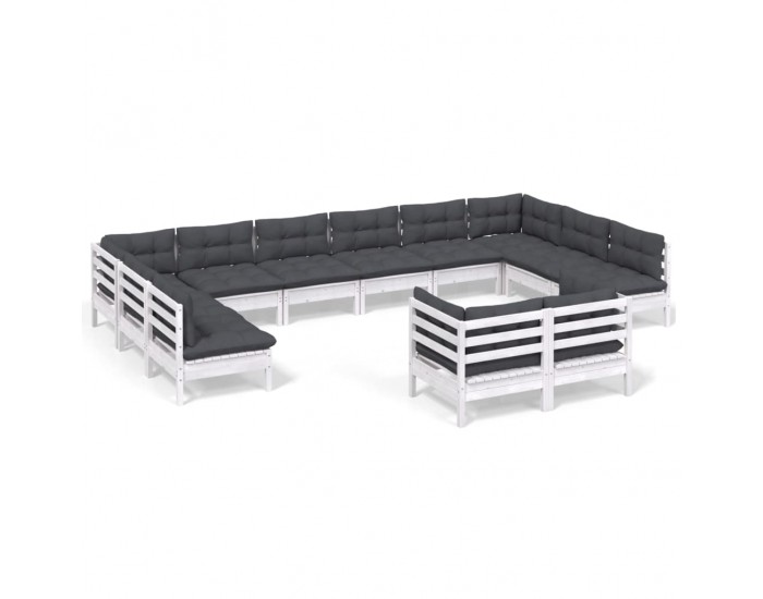 Sonata Set mobilier grădină cu perne, 12 piese, alb, lemn masiv pin