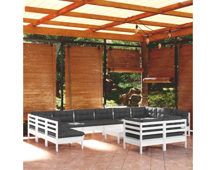 Sonata Set mobilier de grădină cu perne, 13 piese, alb, lemn de pin