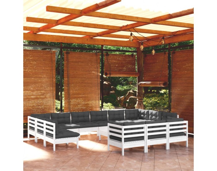 Sonata Set mobilier de grădină cu perne, 14 piese, alb, lemn masiv pin