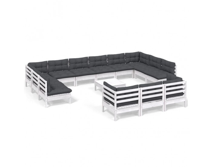 Sonata Set mobilier de grădină cu perne, 14 piese, alb, lemn masiv pin