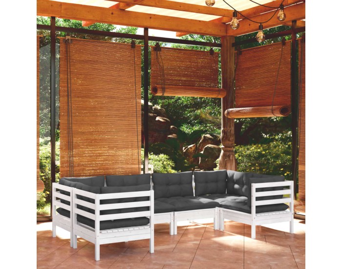 Sonata Set mobilier de grădină cu perne, 6 piese, alb, lemn de pin