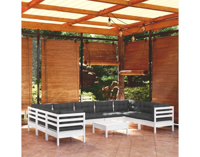 Sonata Set mobilier de grădină cu perne, 10 piese, alb, lemn masiv pin