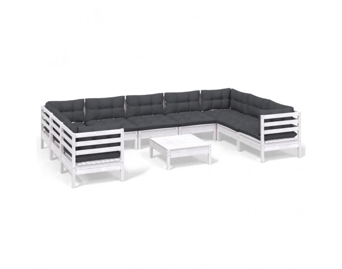 Sonata Set mobilier de grădină cu perne, 10 piese, alb, lemn masiv pin