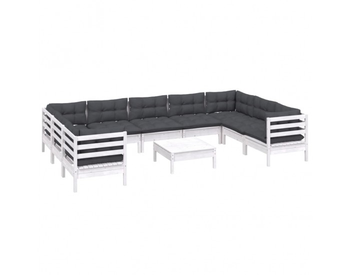 Sonata Set mobilier de grădină cu perne, 10 piese, alb, lemn masiv pin