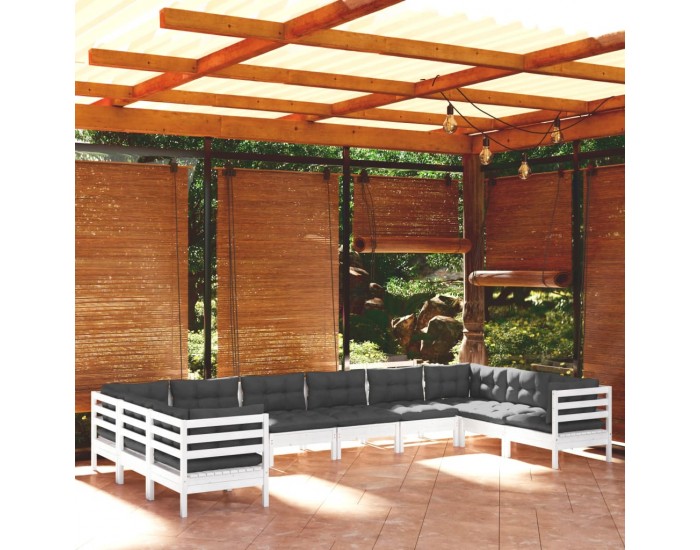 Sonata Set mobilier de grădină cu perne, 10 piese, alb, lemn masiv pin