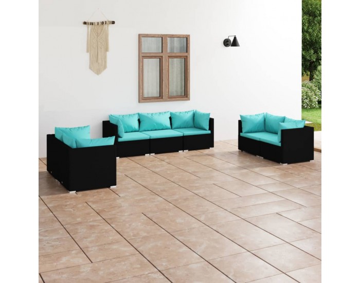 Sonata Set mobilier de grădină cu perne, 7 piese, negru, poliratan