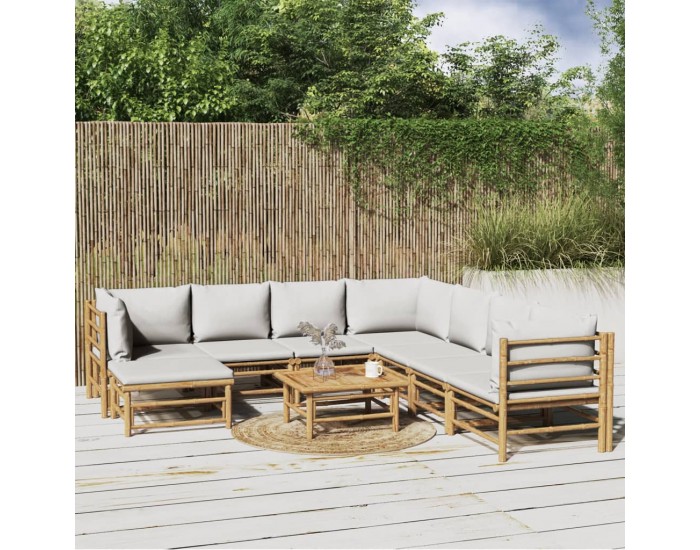 Sonata Set mobilier de grădină cu perne gri deschis, 9 piese, bambus