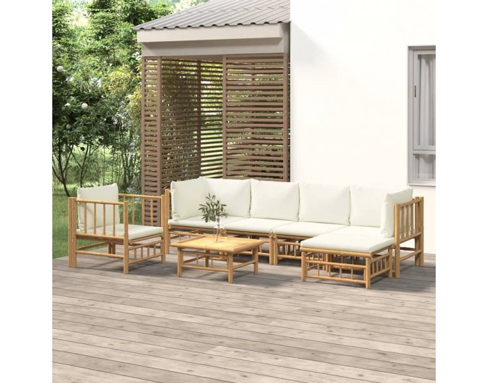 Sonata Set mobilier de grădină cu perne alb crem, 7 piese, bambus