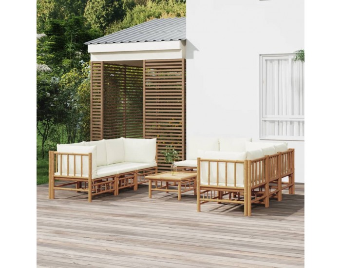 Sonata Set mobilier de grădină, cu perne alb crem, 9 piese, bambus