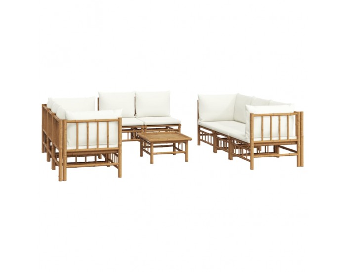Sonata Set mobilier de grădină, cu perne alb crem, 9 piese, bambus
