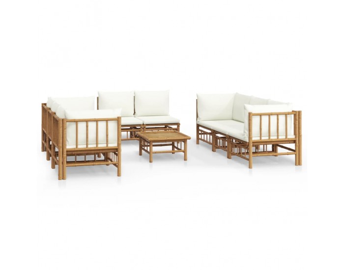 Sonata Set mobilier de grădină, cu perne alb crem, 9 piese, bambus