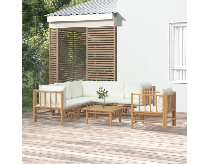 Sonata Set mobilier de grădină cu perne alb crem, 7 piese, bambus