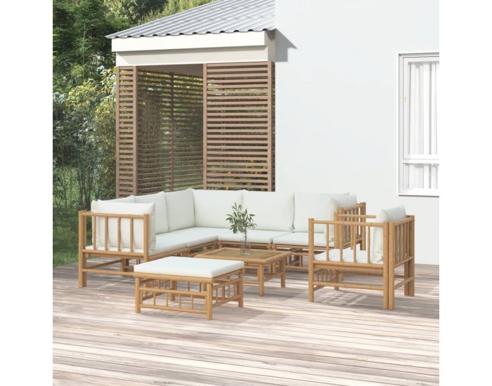 Sonata Set mobilier de grădină, cu perne alb crem, 8 piese, bambus