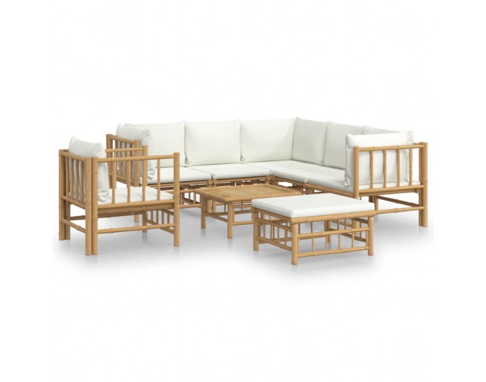 Sonata Set mobilier de grădină, cu perne alb crem, 8 piese, bambus