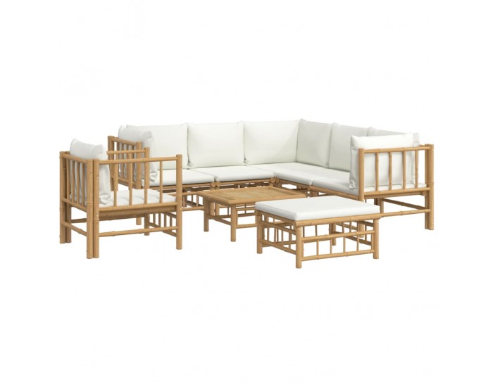 Sonata Set mobilier de grădină, cu perne alb crem, 8 piese, bambus