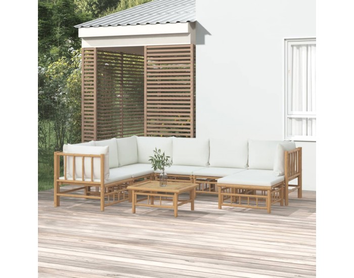 Sonata Set mobilier de grădină, cu perne alb crem, 8 piese, bambus