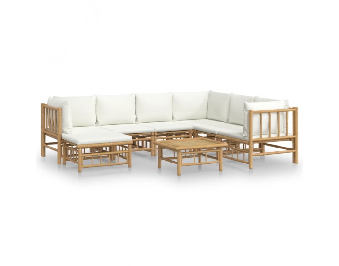 Sonata Set mobilier de grădină, cu perne alb crem, 8 piese, bambus