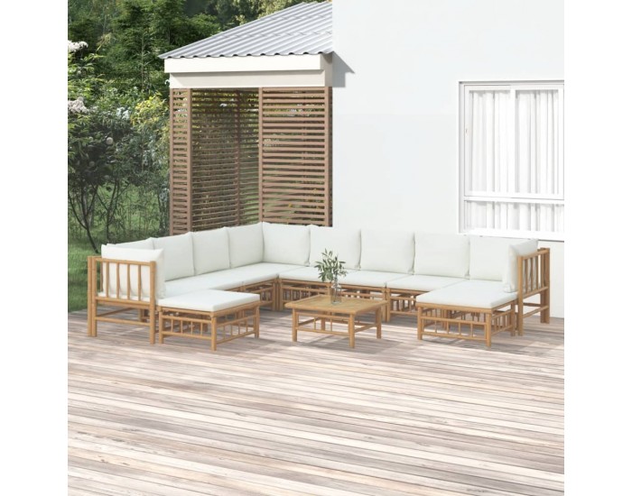 Sonata Set mobilier de grădină, cu perne alb crem, 11 piese, bambus