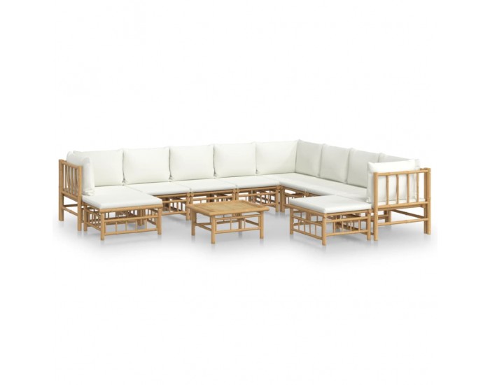 Sonata Set mobilier de grădină, cu perne alb crem, 11 piese, bambus
