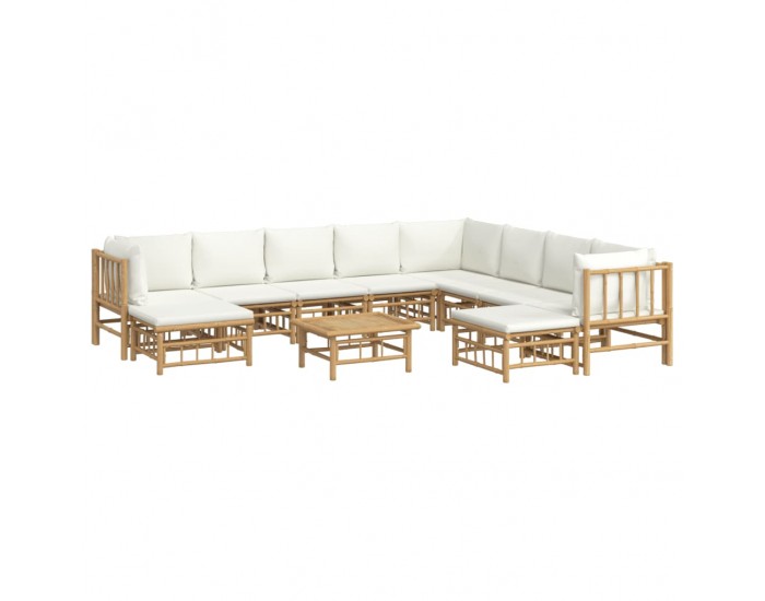 Sonata Set mobilier de grădină, cu perne alb crem, 11 piese, bambus